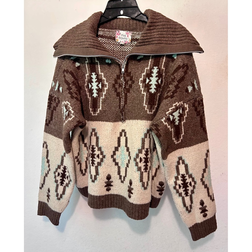 Pink Republic Womens XL Southwestern Quarter Zip Sweater Brown Geometric Pattern